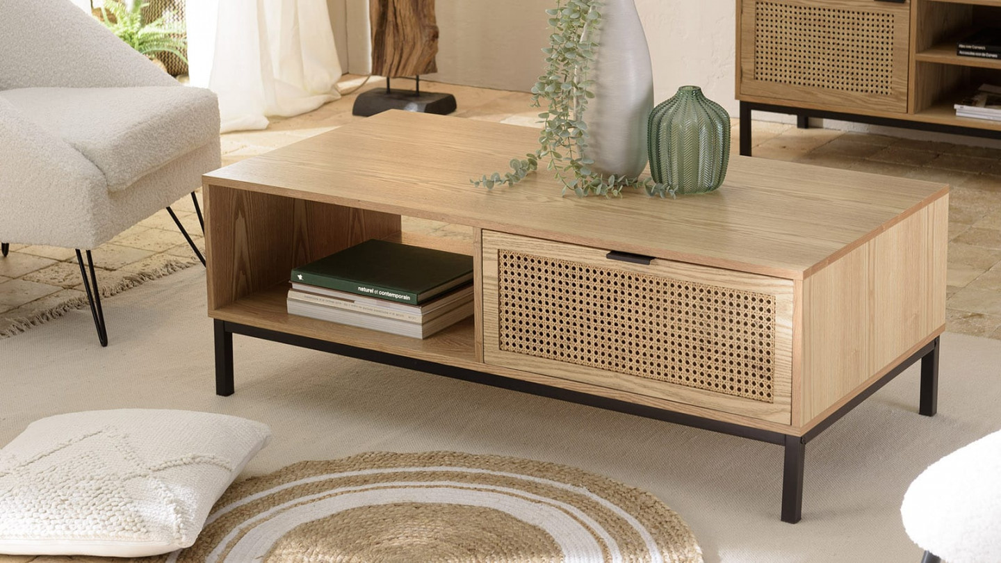 Table basse 1 niche 2 tiroirs cannage pieds métal noir MARCEAU