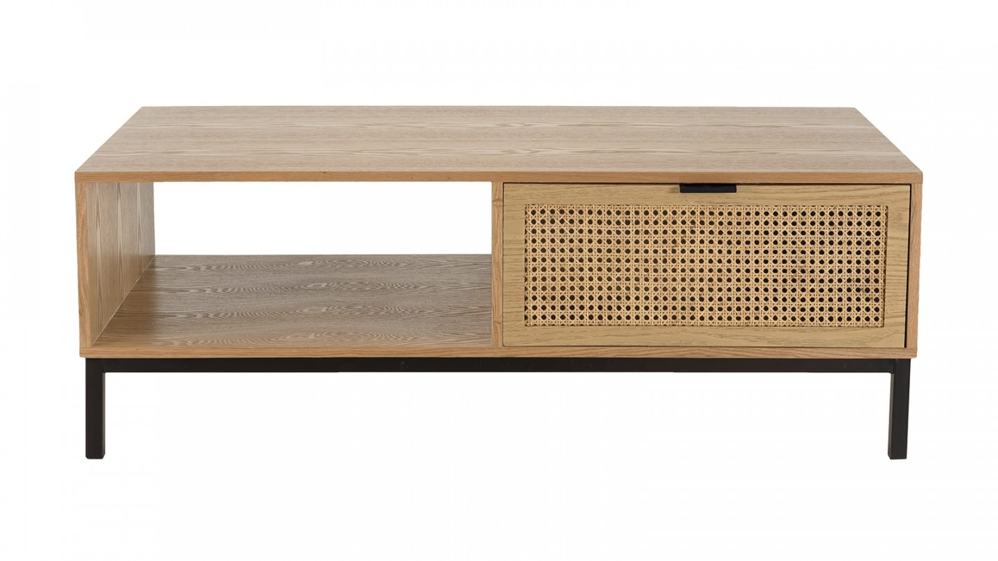 Table basse 1 niche 2 tiroirs cannage pieds métal noir MARCEAU