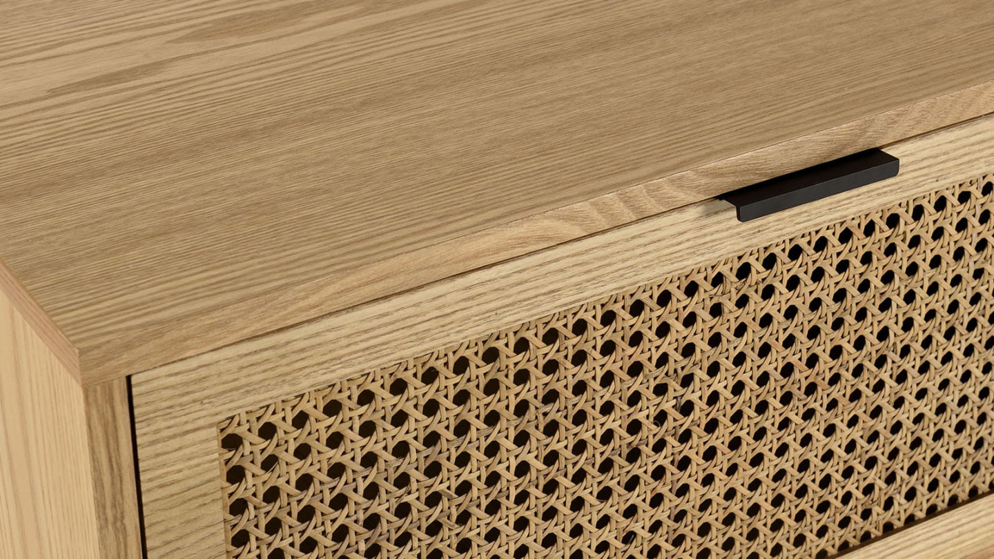 Table basse 1 niche 2 tiroirs cannage pieds métal noir MARCEAU