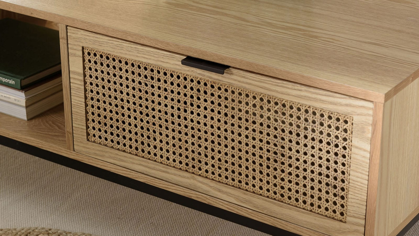 Table basse 1 niche 2 tiroirs cannage pieds métal noir MARCEAU
