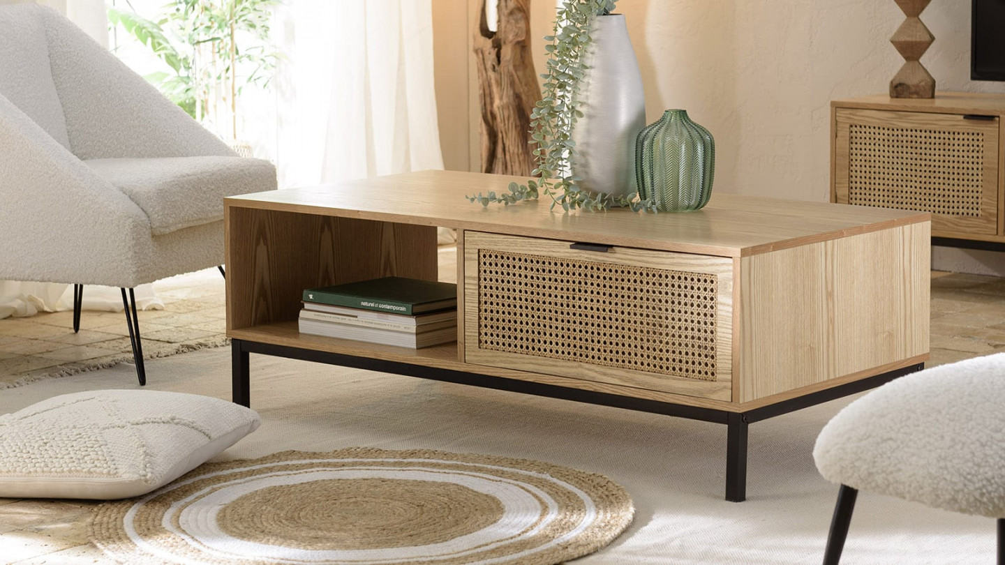 Table basse 1 niche 2 tiroirs cannage pieds métal noir MARCEAU