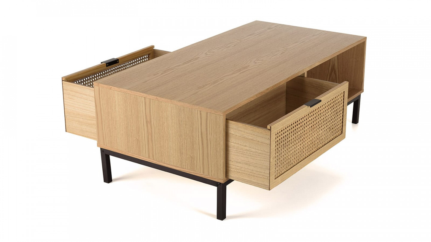 Table basse 1 niche 2 tiroirs cannage pieds métal noir MARCEAU