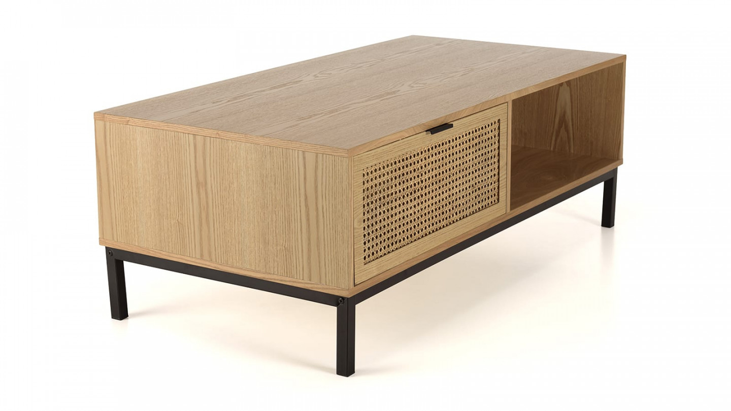 Table basse 1 niche 2 tiroirs cannage pieds métal noir MARCEAU