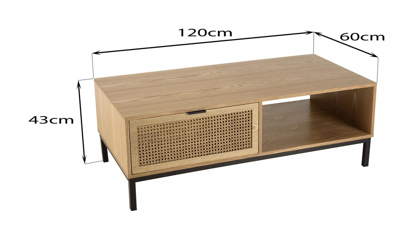 Table basse 1 niche 2 tiroirs cannage pieds métal noir MARCEAU