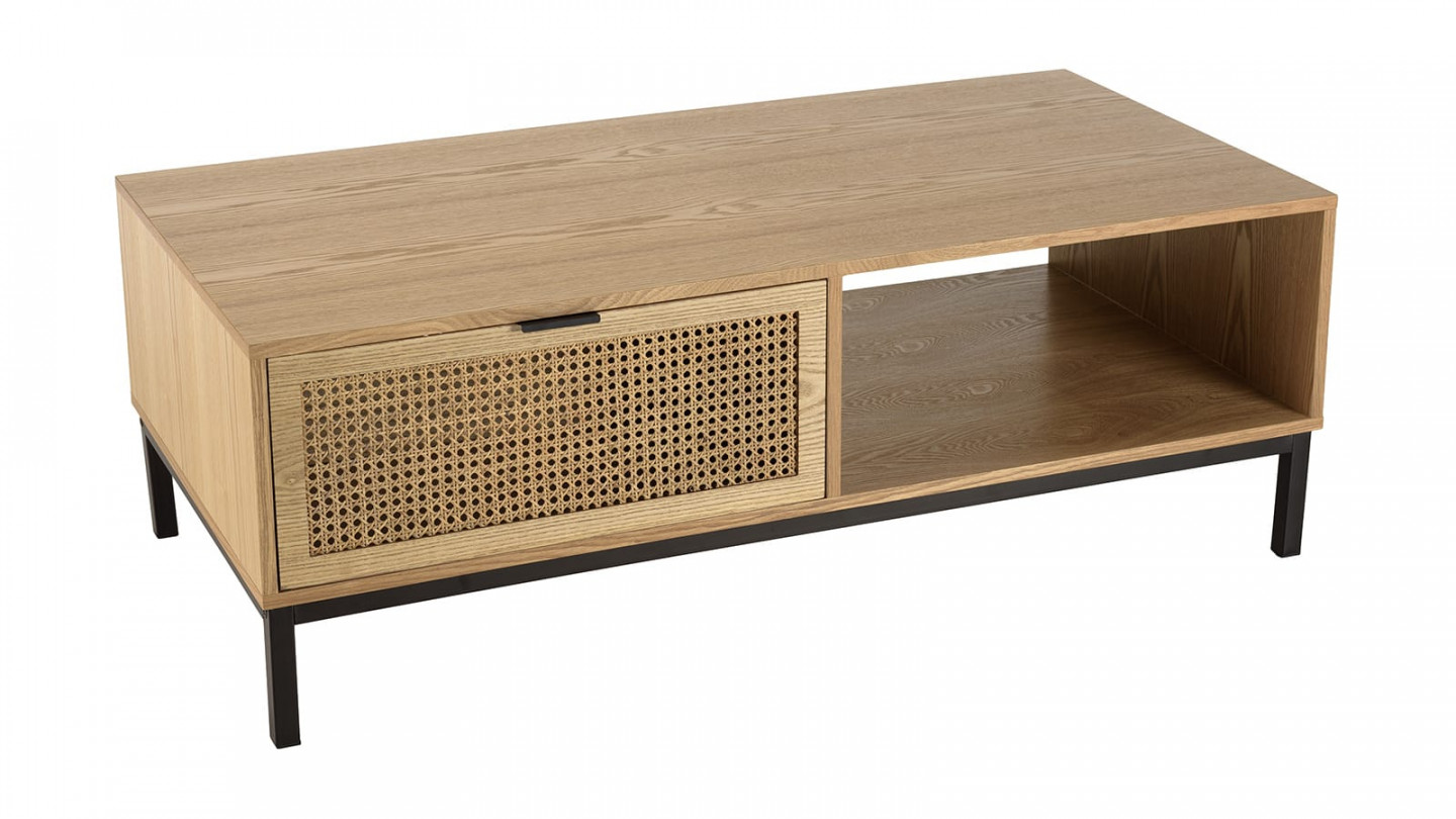 Table basse 1 niche 2 tiroirs cannage pieds métal noir MARCEAU