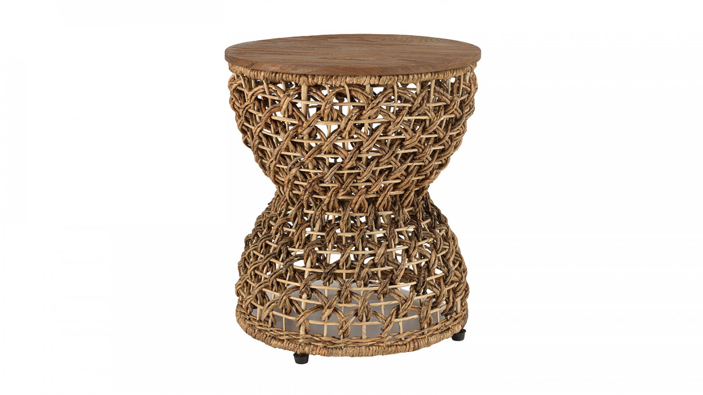 Tabouret beige assise en bois de teck recyclé SIXTINE