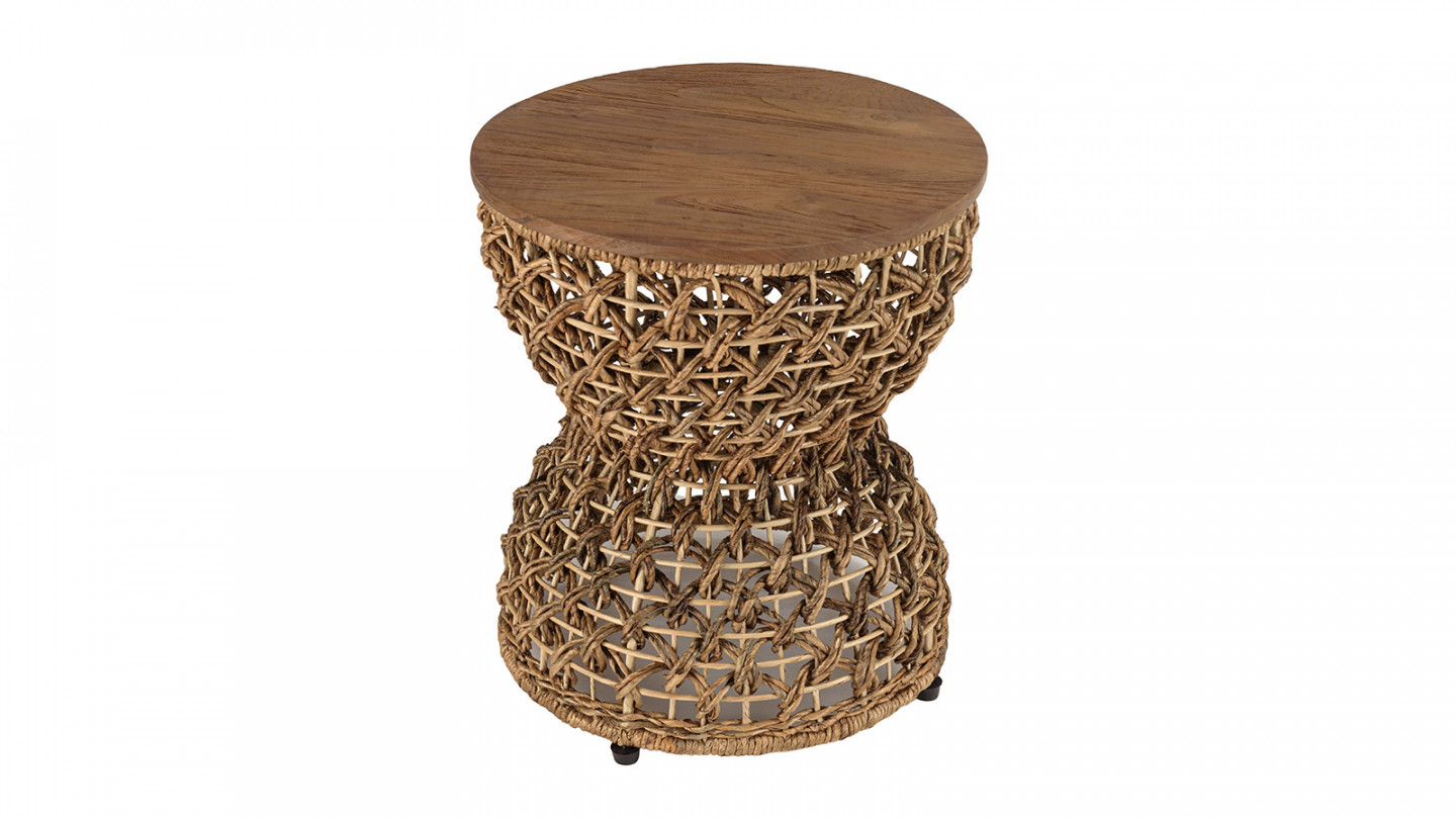 Tabouret beige assise en bois de teck recyclé SIXTINE
