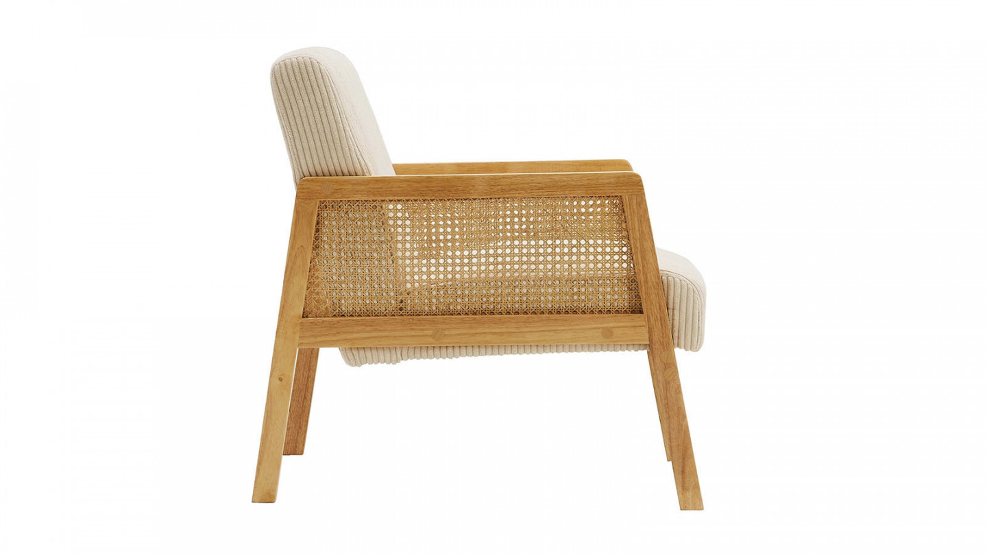 Fauteuil rotin et velours côtelé beige - Mani