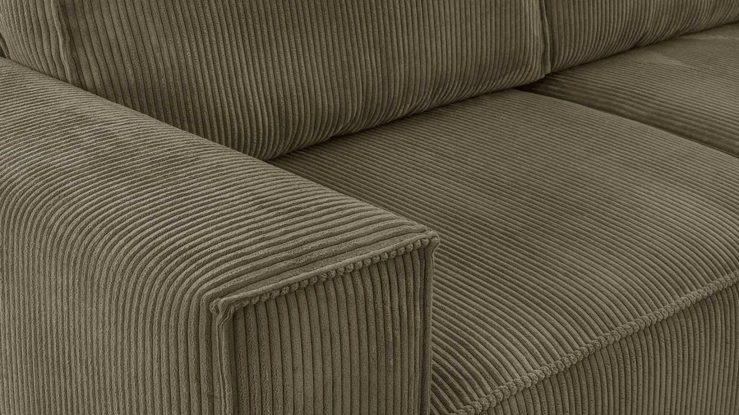 Canapé d'angle convertible réversible 5 places avec coffre de rangement en velours côtelé kaki - Harper