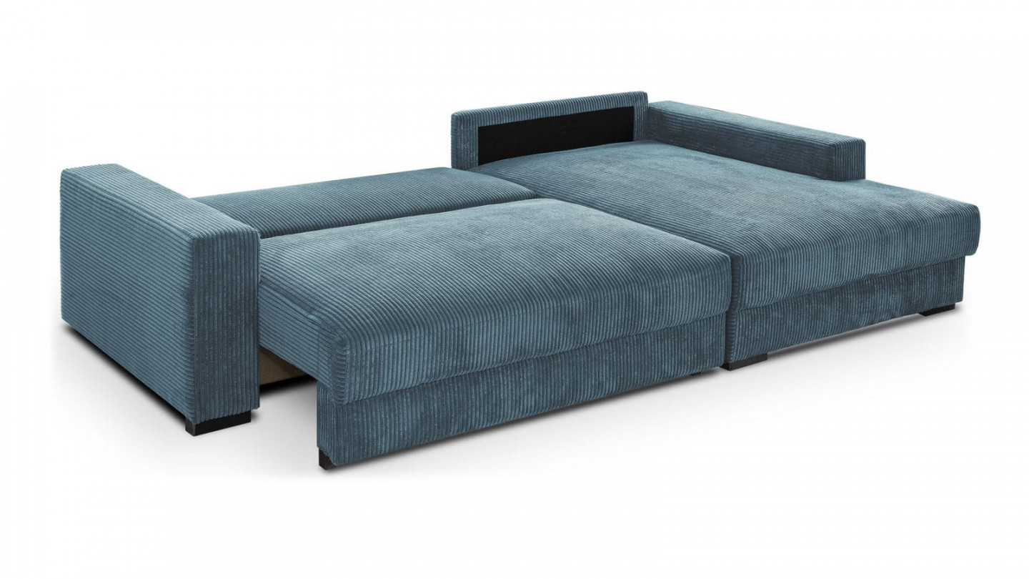 Canapé d'angle droit convertible 3 places avec coffre de rangement en velours côtelé bleu gris - Arty