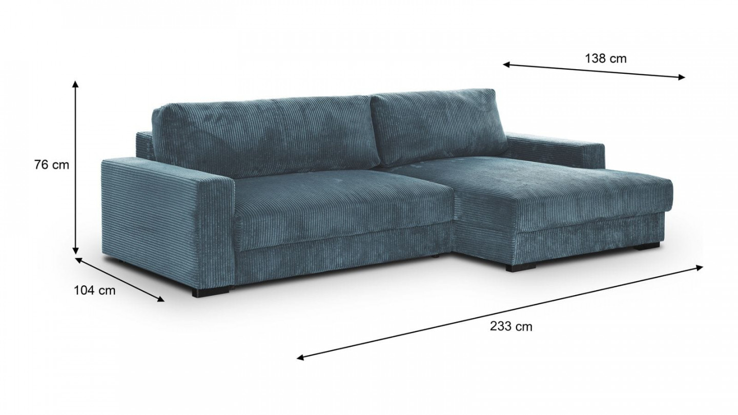 Canapé d'angle droit convertible 3 places avec coffre de rangement en velours côtelé bleu gris - Arty