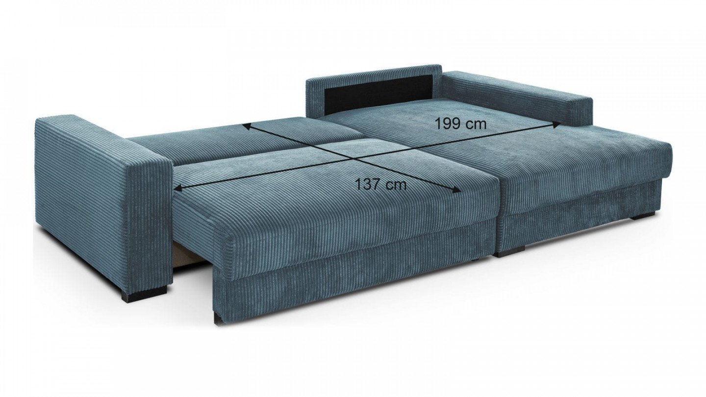 Canapé d'angle droit convertible 3 places avec coffre de rangement en velours côtelé bleu gris - Arty