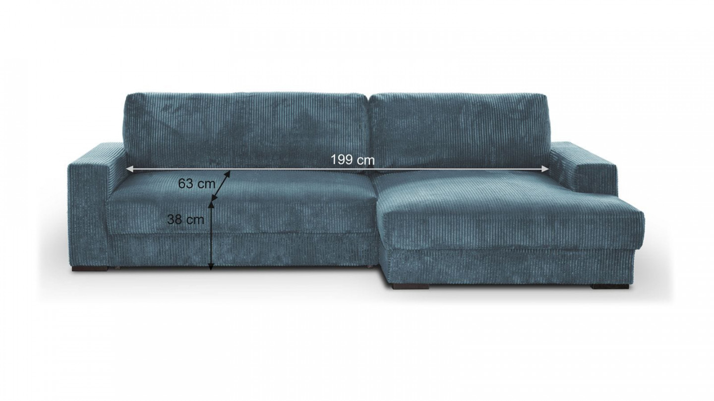 Canapé d'angle droit convertible 3 places avec coffre de rangement en velours côtelé bleu gris - Arty