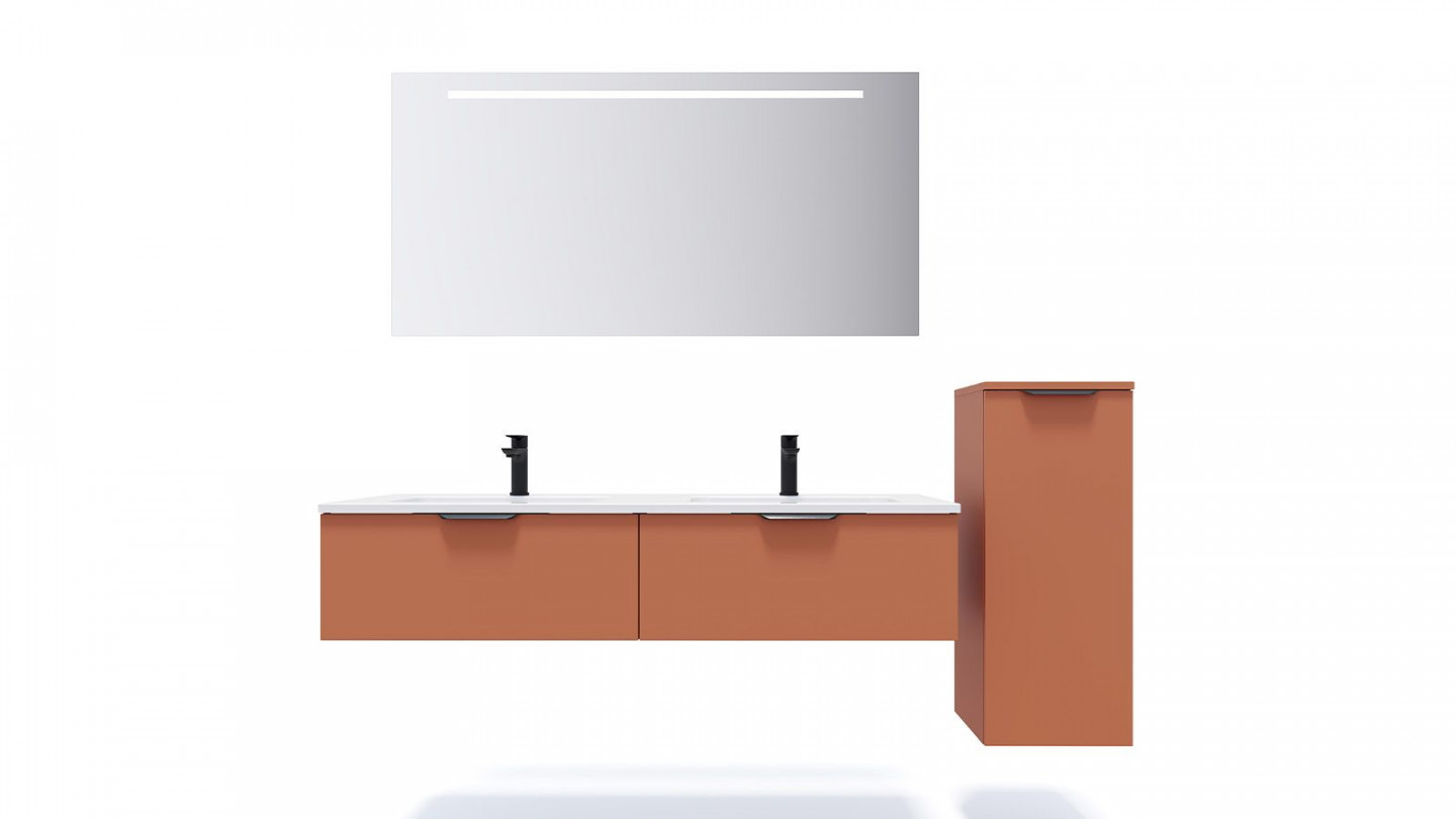 Meuble de salle de bains 140 cm Terracotta - 2 tiroirs - double vasque + miroir + demi-colonne ouverture à droite - Loft
