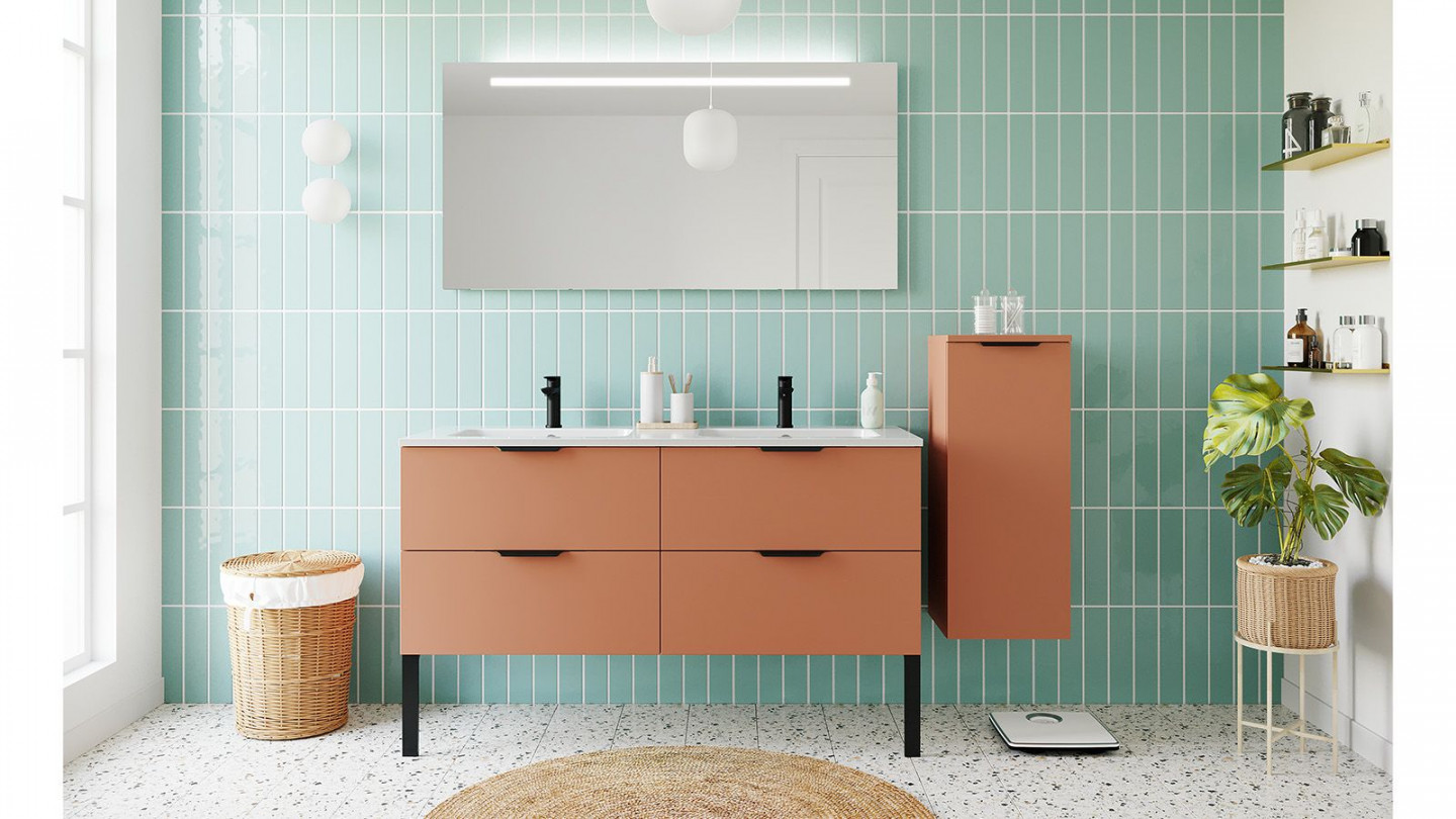 Meuble de salle de bains 140 cm Terracotta - 4 tiroirs - double vasque + miroir + demi-colonne ouverture à droite - Loft
