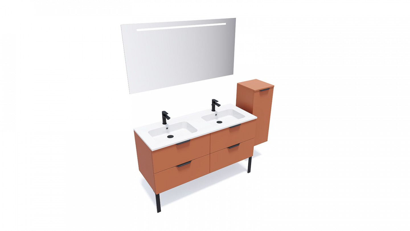 Meuble de salle de bains 140 cm Terracotta - 4 tiroirs - double vasque + miroir + demi-colonne ouverture à droite - Loft