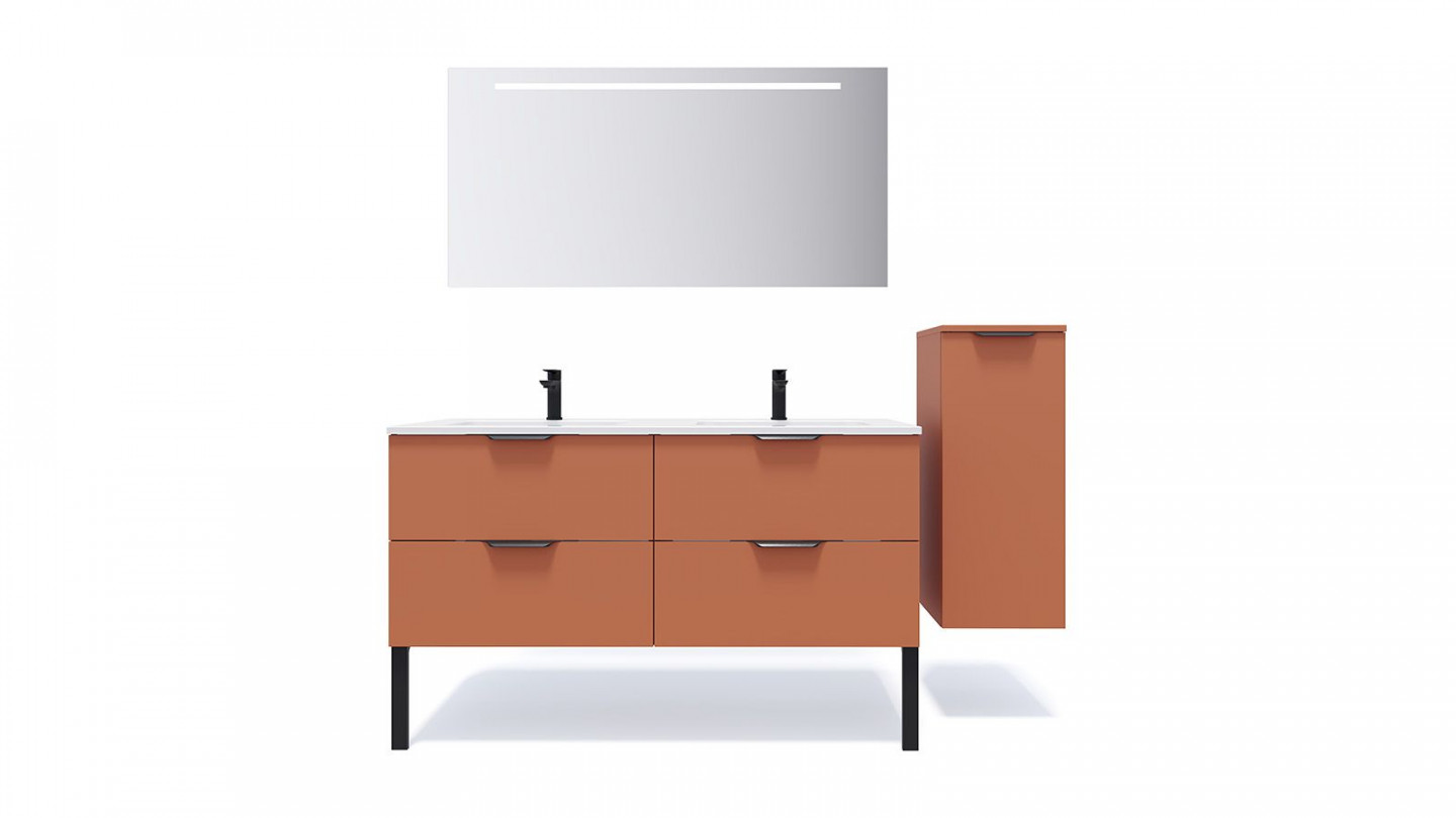 Meuble de salle de bains 140 cm Terracotta - 4 tiroirs - double vasque + miroir + demi-colonne ouverture à droite - Loft