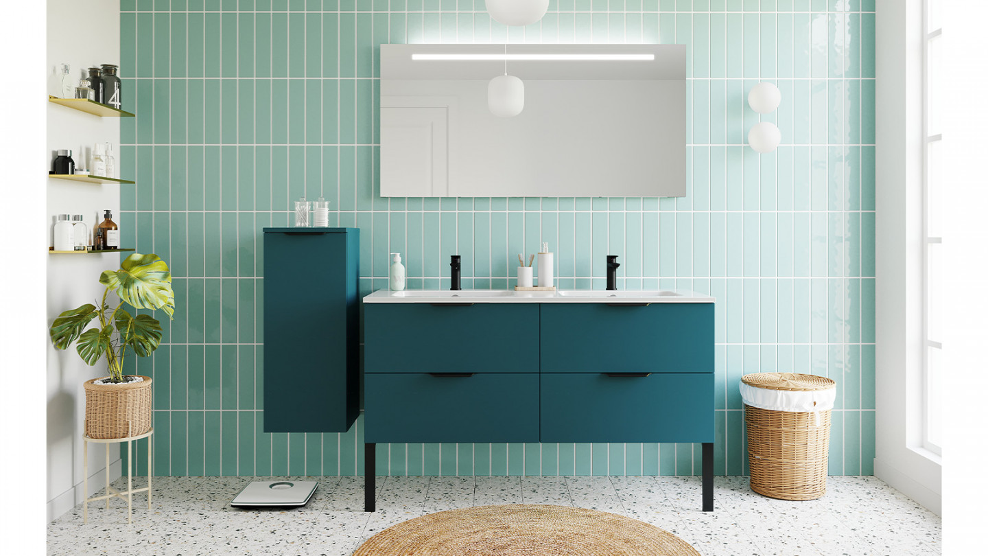 Meuble de salle de bains 140 cm Tropical - 4 tiroirs - double vasque + miroir + demi-colonne ouverture à gauche - Loft