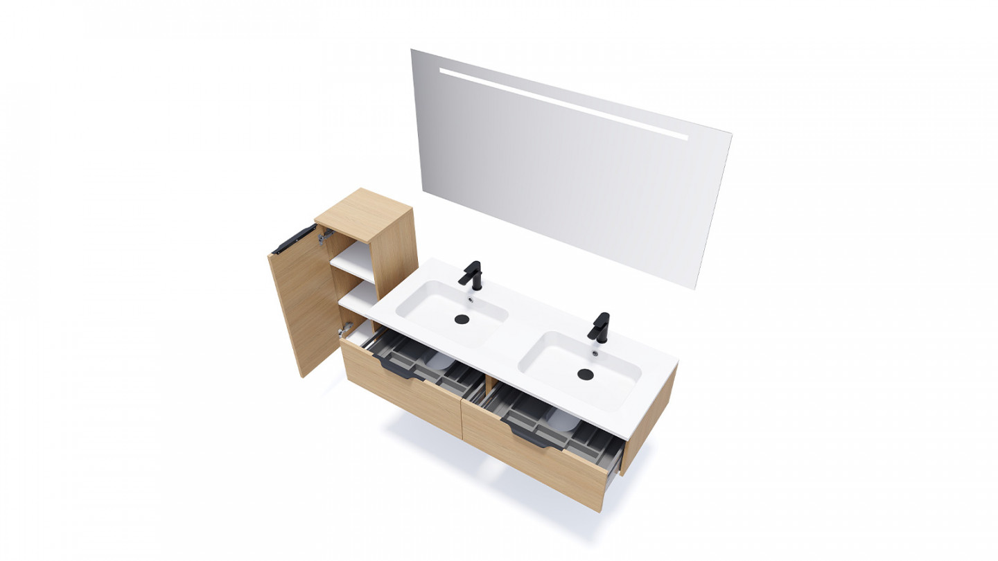 Meuble de salle de bains 140 cm Chêne clair - 2 tiroirs - double vasque + miroir - Loft