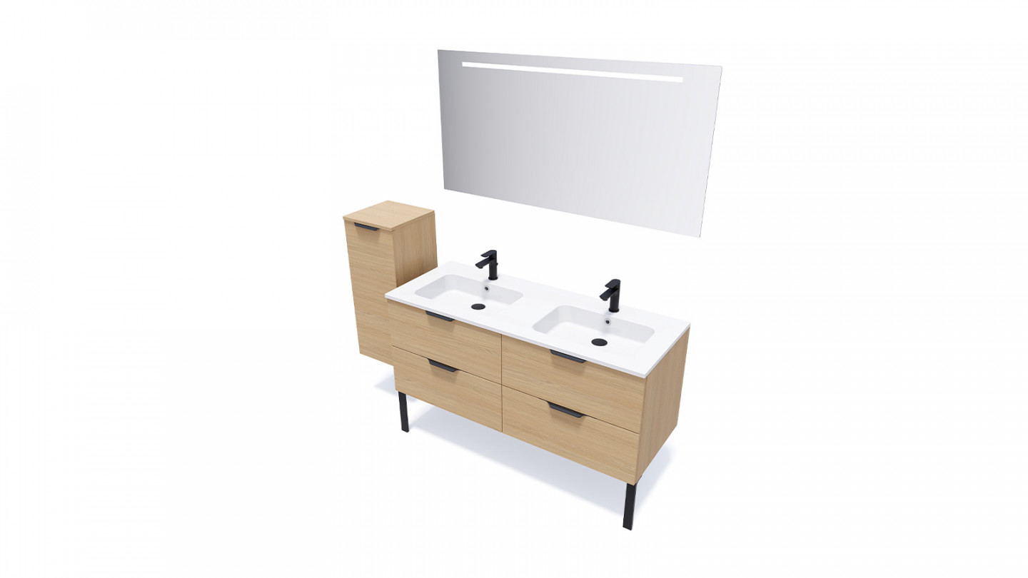 Meuble de salle de bains 140 cm Chêne clair - 4 tiroirs - double vasque + miroir + demi-colonne ouverture à gauche - Loft