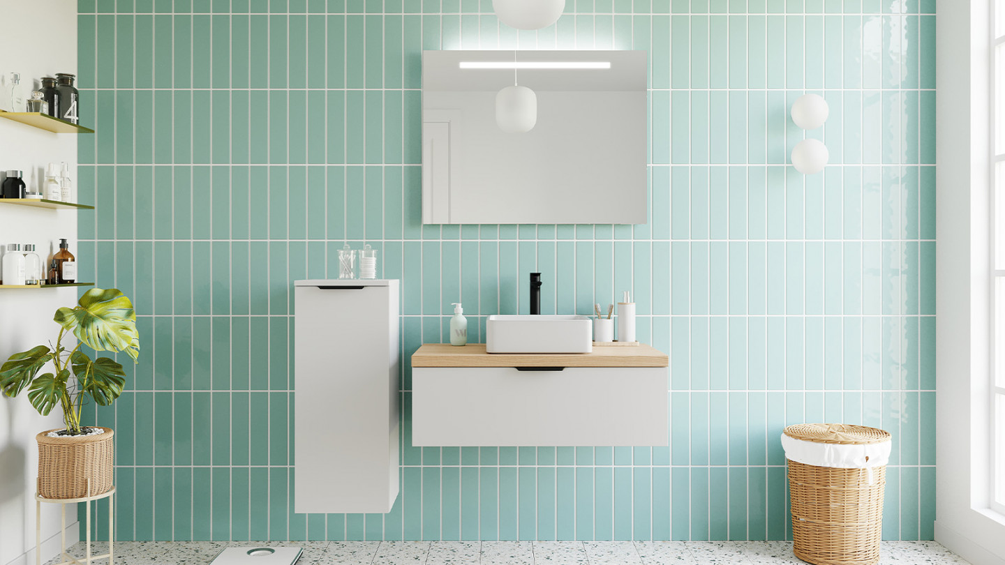 Meuble de salle de bains 90 cm Opale blanc - 1 tiroir - vasque carrée - Loft