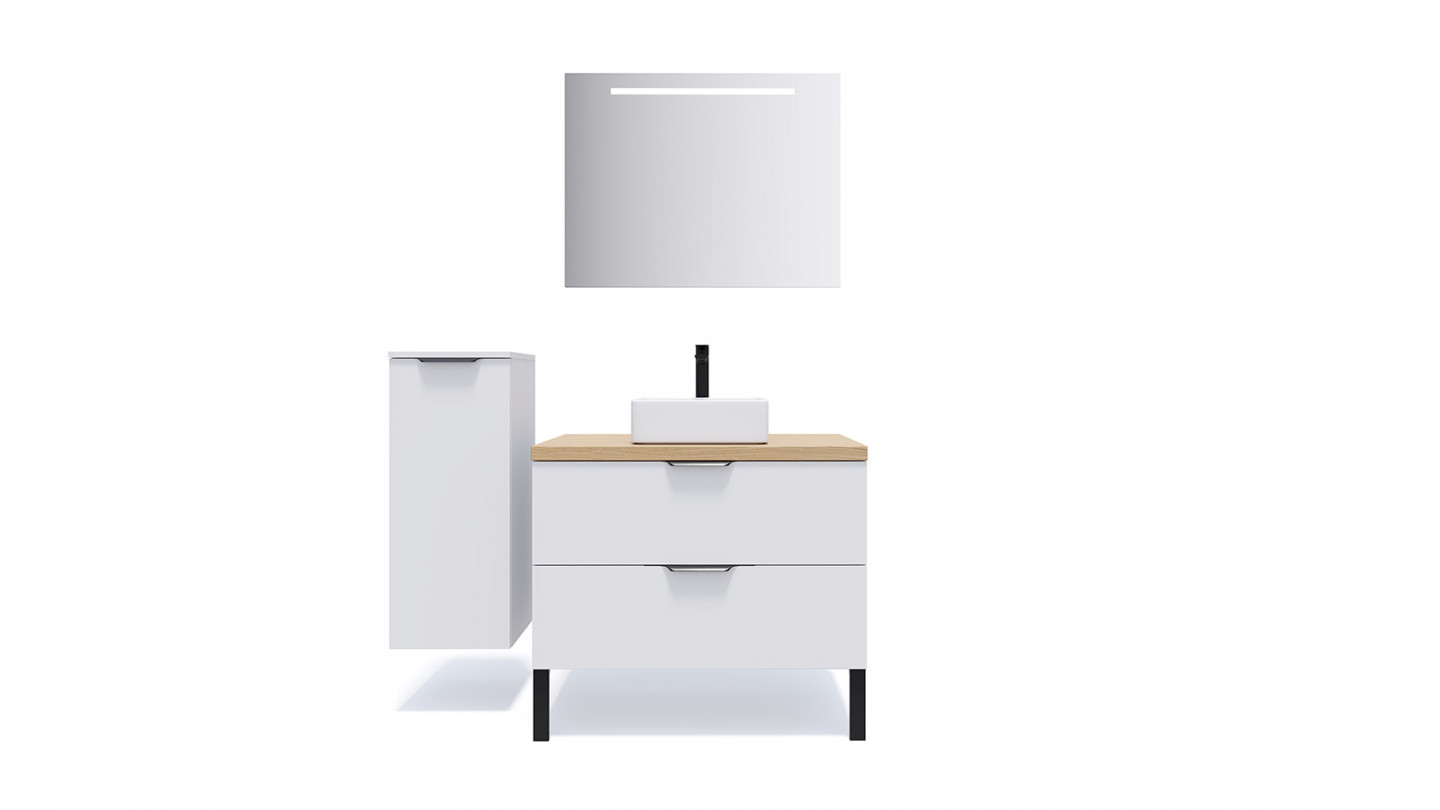 Meuble de salle de bains 90 cm Opale blanc - 2 tiroirs - vasque carrée - Loft