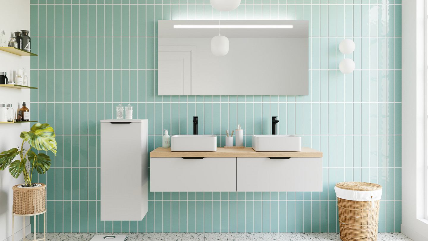 Meuble de salle de bains 140 cm Opale blanc - 2 tiroirs - 2 vasques carrées + miroir + demi-colonne ouverture à gauche - Loft