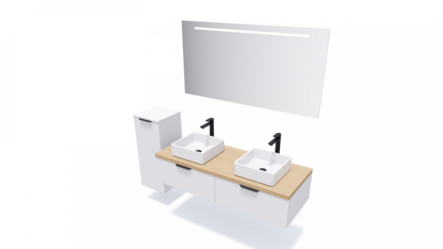 Meuble de salle de bains 140 cm Opale blanc - 2 tiroirs - 2 vasques carrées + miroir + demi-colonne ouverture à gauche - Loft