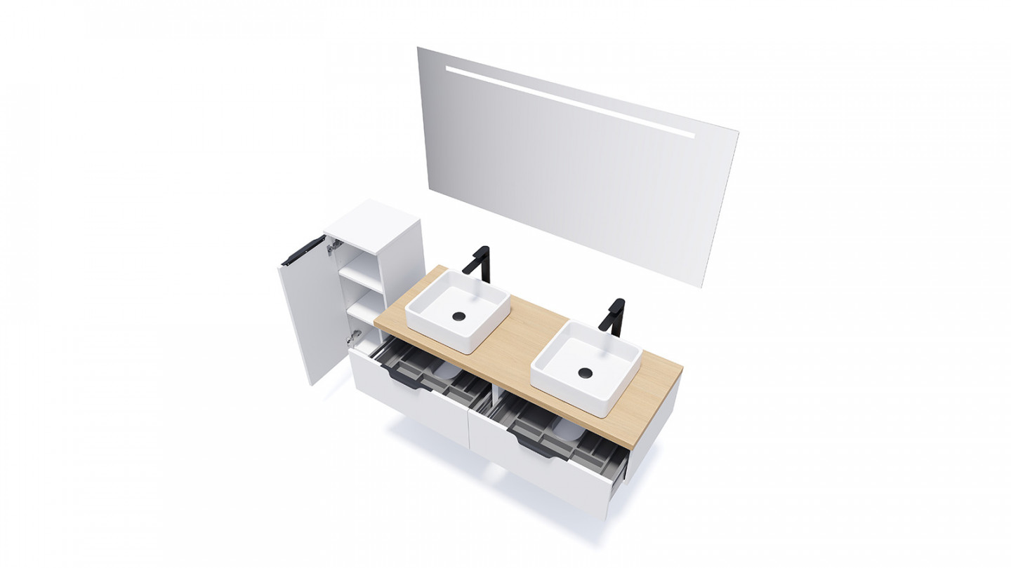 Meuble de salle de bains 140 cm Opale blanc - 2 tiroirs - 2 vasques carrées + miroir + demi-colonne ouverture à gauche - Loft