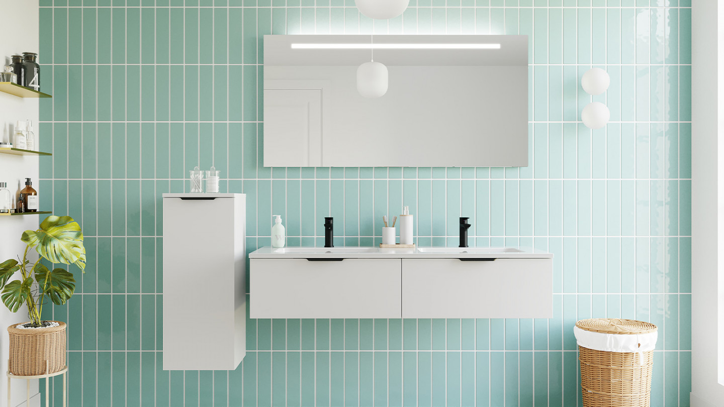 Meuble de salle de bains 140 cm Opale blanc - 2 tiroirs - double vasque + miroir + demi-colonne ouverture à gauche - Loft