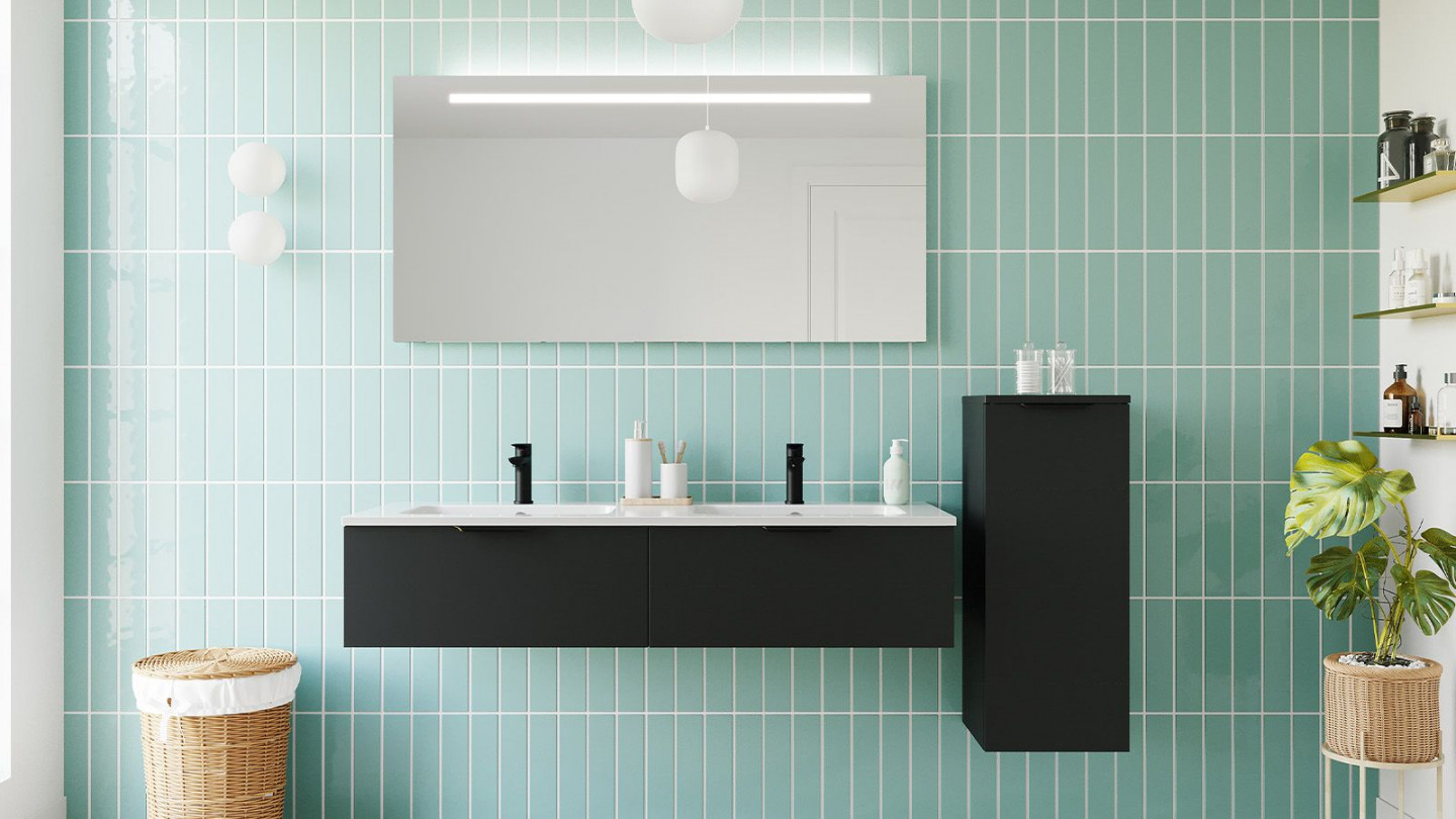 Meuble de salle de bain suspendu double vasque intégrée 140cm 2 tiroirs Noir + miroir + colonne ouverture droite - Loft
