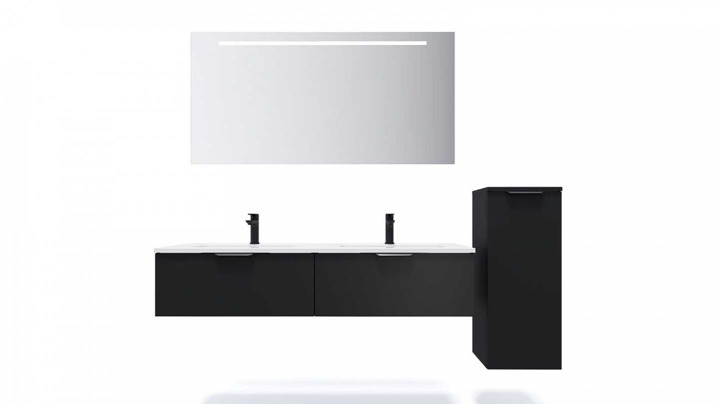 Meuble de salle de bain suspendu double vasque intégrée 140cm 2 tiroirs Noir + miroir + colonne ouverture droite - Loft