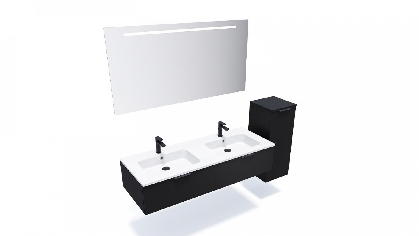 Meuble de salle de bain suspendu double vasque intégrée 140cm 2 tiroirs Noir + miroir + colonne ouverture droite - Loft