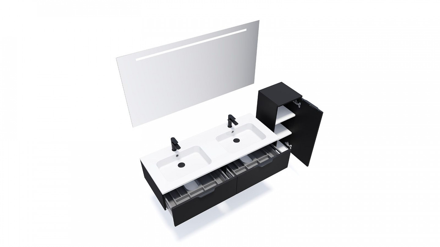 Meuble de salle de bain suspendu double vasque intégrée 140cm 2 tiroirs Noir + miroir + colonne ouverture droite - Loft