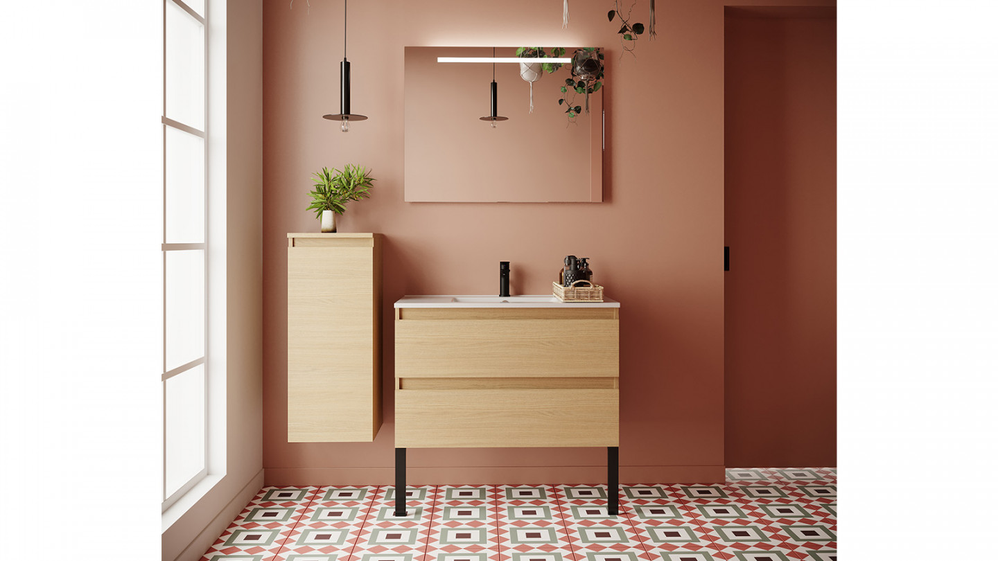 Meuble de salle de bain suspendu vasque intégrée 90cm 2 tiroirs Chêne clair + miroir - Rivage