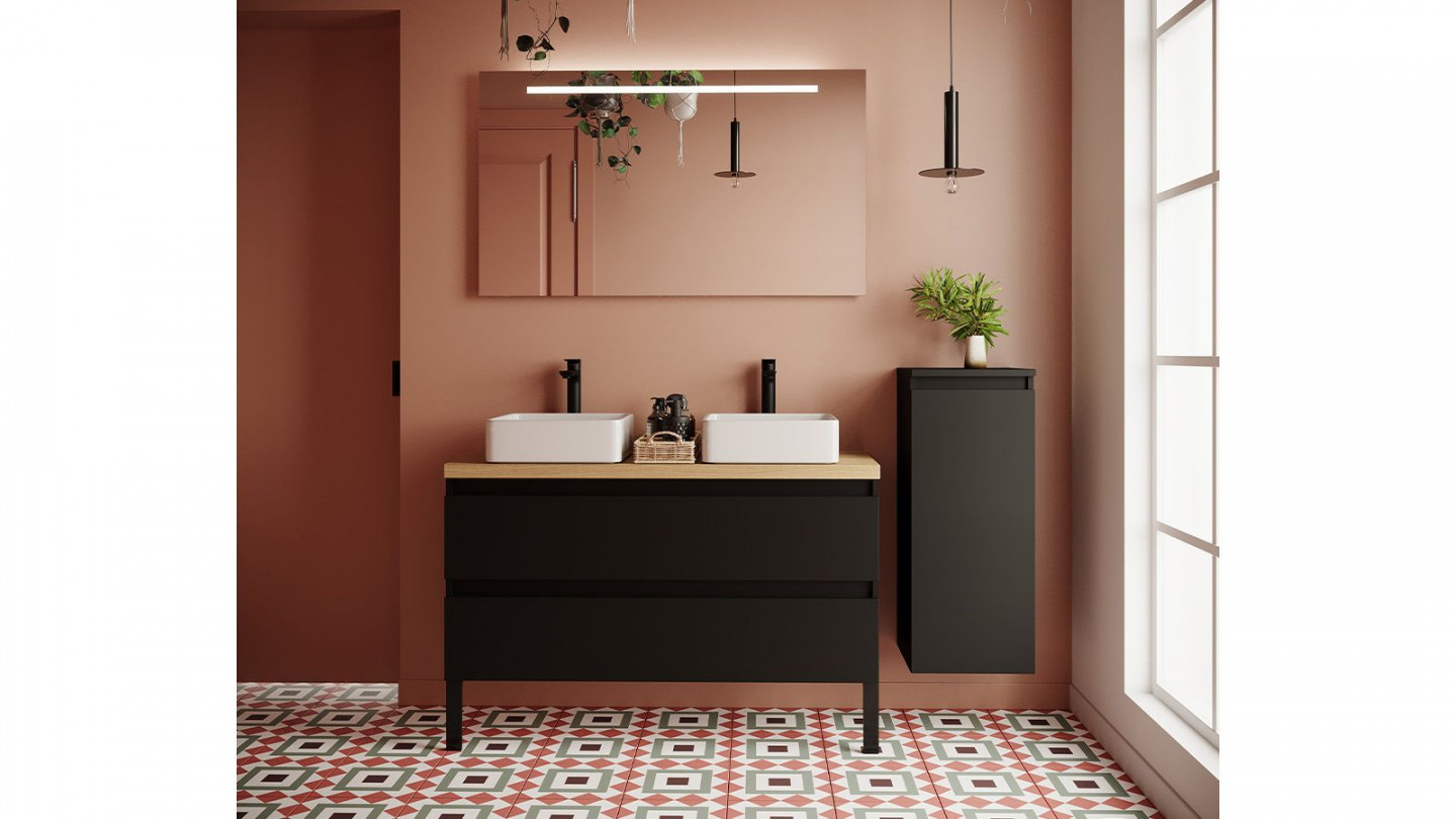 Meuble de salle de bain suspendu 2 vasques à poser 120cm 2 tiroirs Noir + miroir + colonne ouverture droite - Rivage