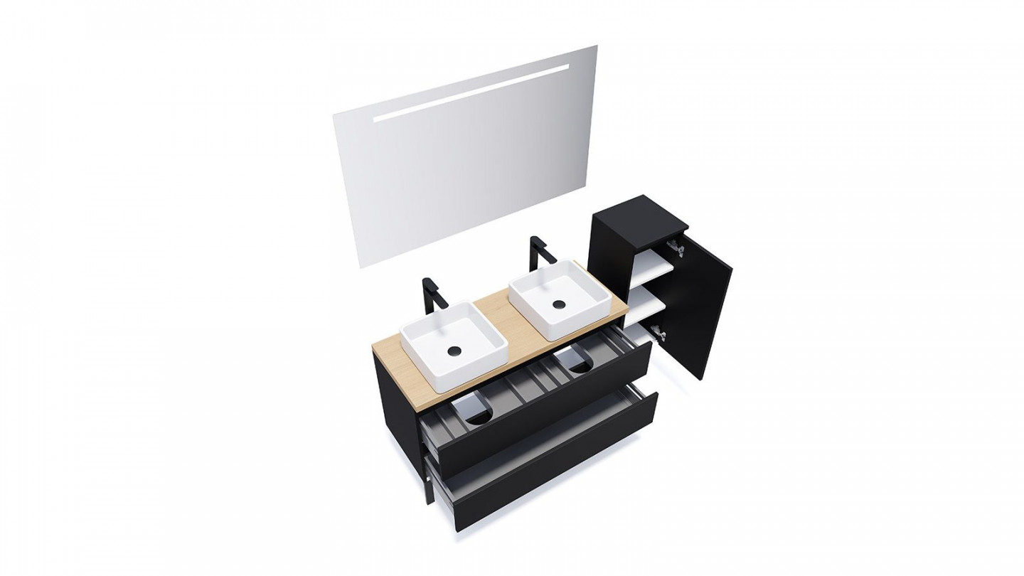 Meuble de salle de bain suspendu 2 vasques à poser 120cm 2 tiroirs Noir + miroir + colonne ouverture droite - Rivage