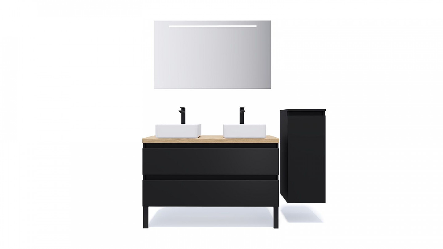 Meuble de salle de bain suspendu 2 vasques à poser 120cm 2 tiroirs Noir + miroir + colonne ouverture droite - Rivage