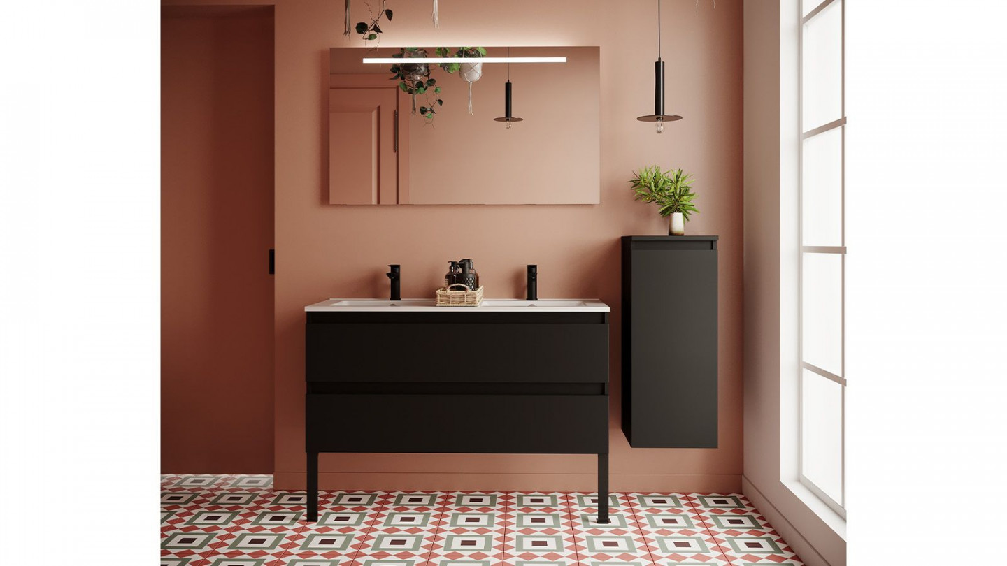 Meuble de salle de bain suspendu double vasque intégrée 120cm 2 tiroirs Noir + miroir + colonne ouverture droite - Rivage