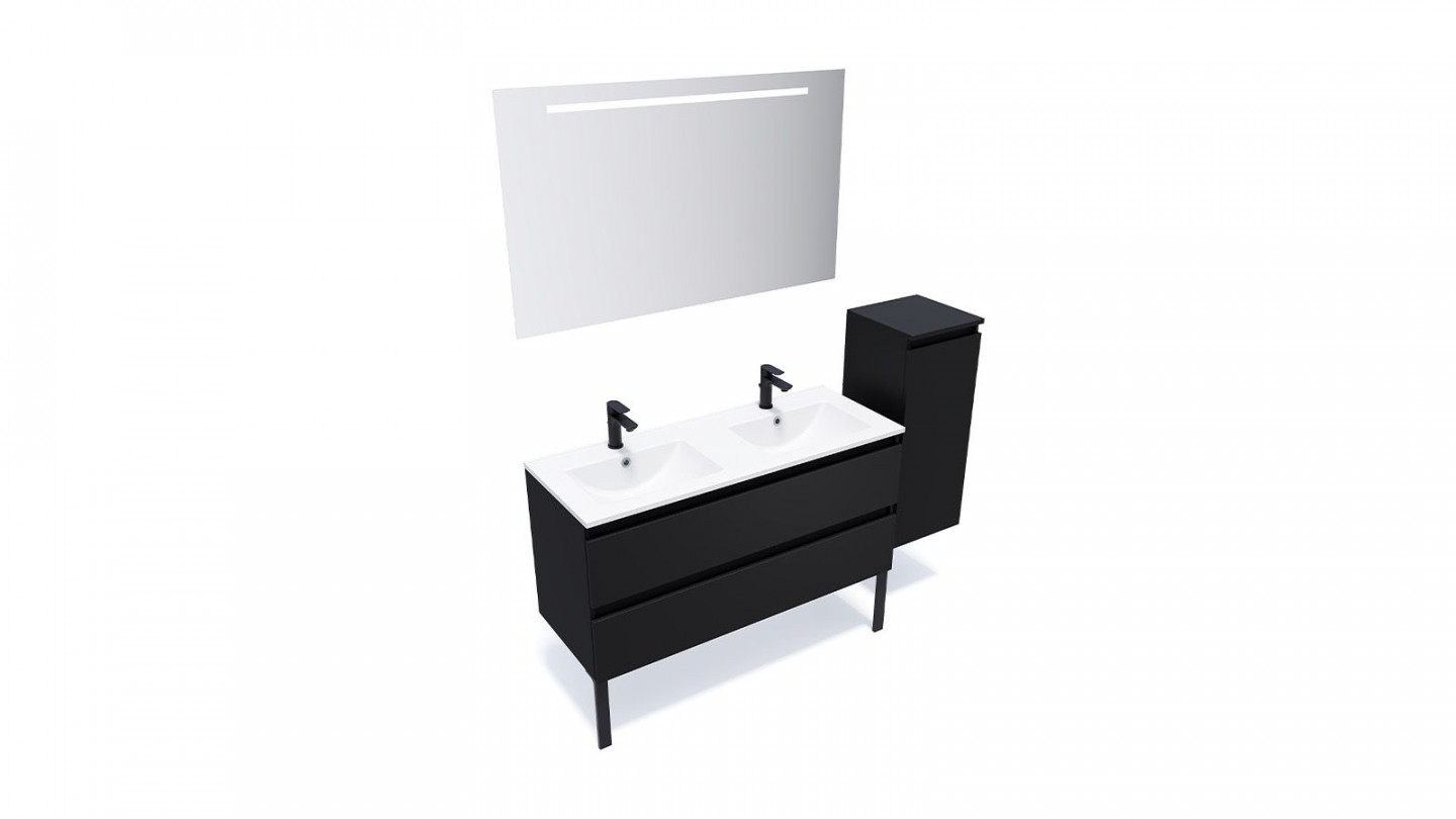 Meuble de salle de bain suspendu double vasque intégrée 120cm 2 tiroirs Noir + miroir + colonne ouverture droite - Rivage