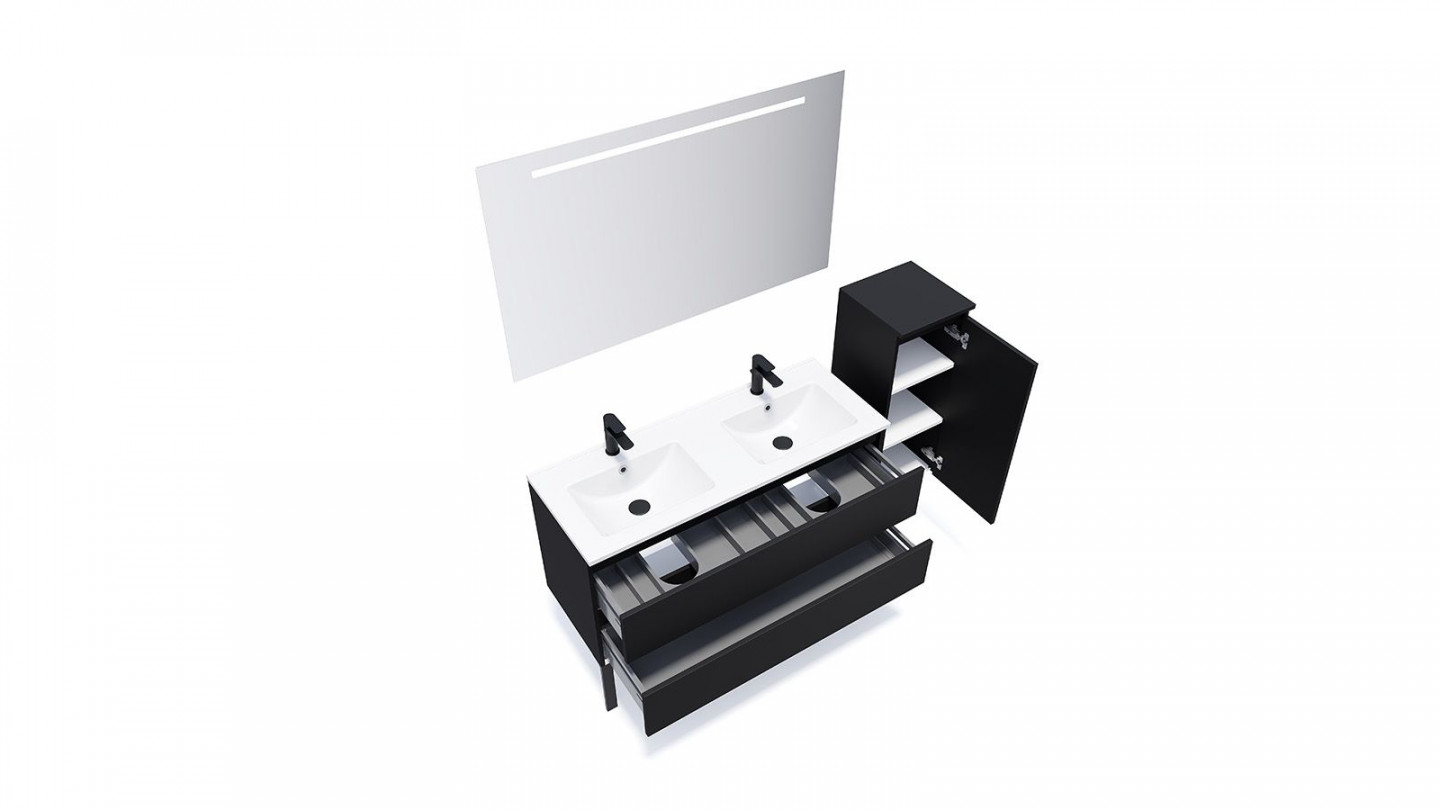Meuble de salle de bain suspendu double vasque intégrée 120cm 2 tiroirs Noir + miroir + colonne ouverture droite - Rivage