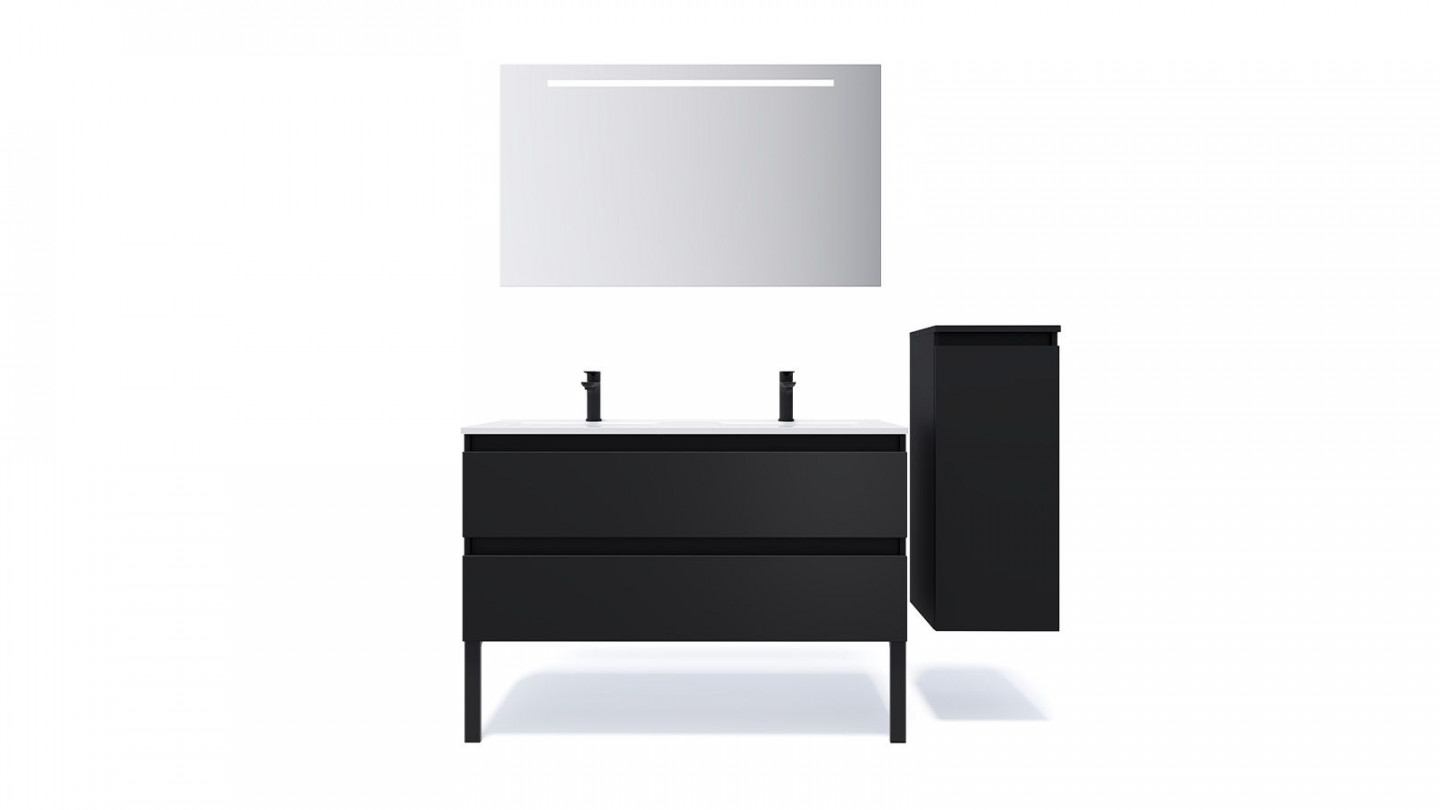 Meuble de salle de bain suspendu double vasque intégrée 120cm 2 tiroirs Noir + miroir + colonne ouverture droite - Rivage