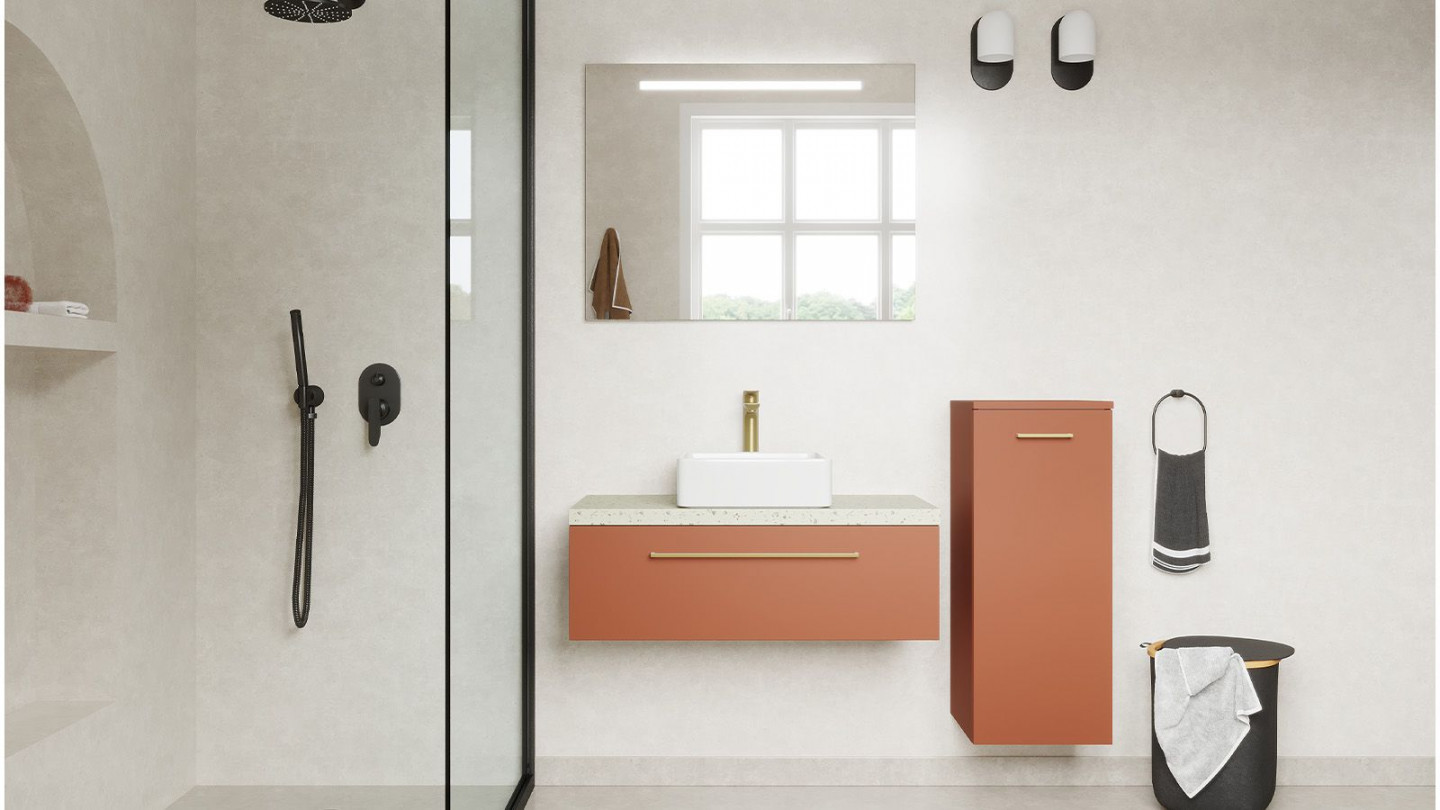 Meuble de salle de bain suspendu vasque à poser 90cm 1 tiroir Terracotta + miroir + colonne ouverture droite - Osmose