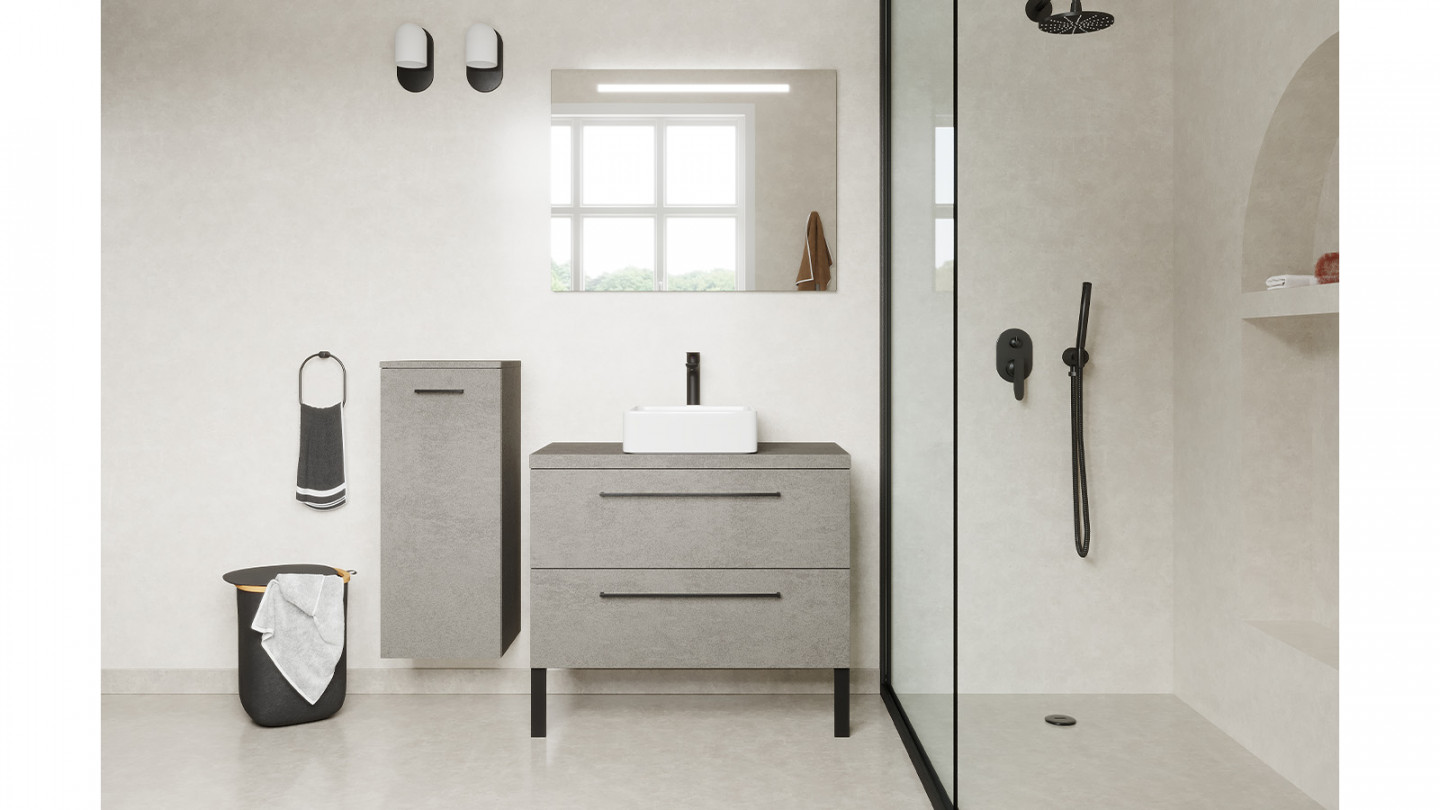 Meuble de salle de bain suspendu vasque à poser 90cm 2 tiroirs façon Béton + miroir - Osmose