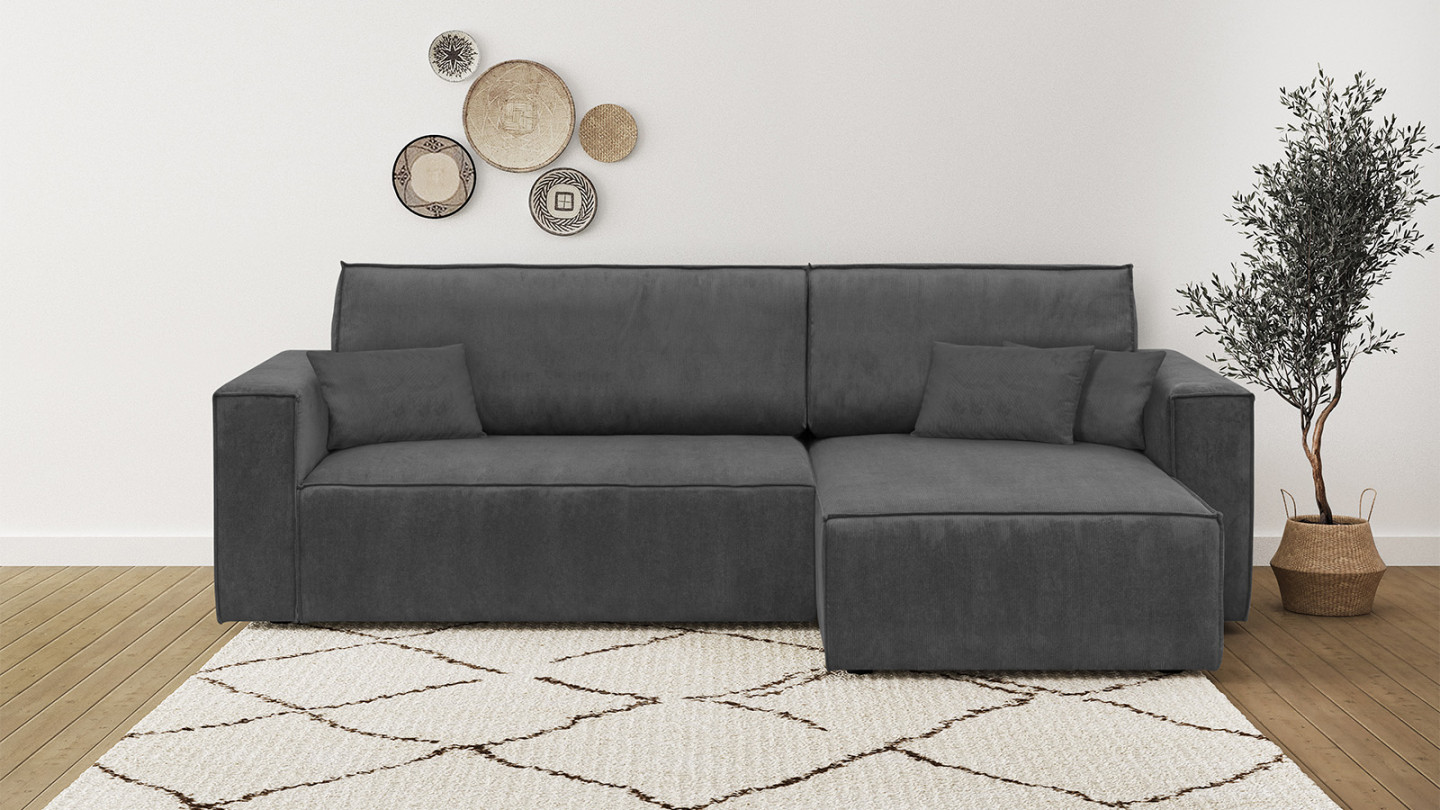 Canapé d'angle convertible réversible 4 places avec coffre de rangement en velours fines côtes gris anthracite - Livia New