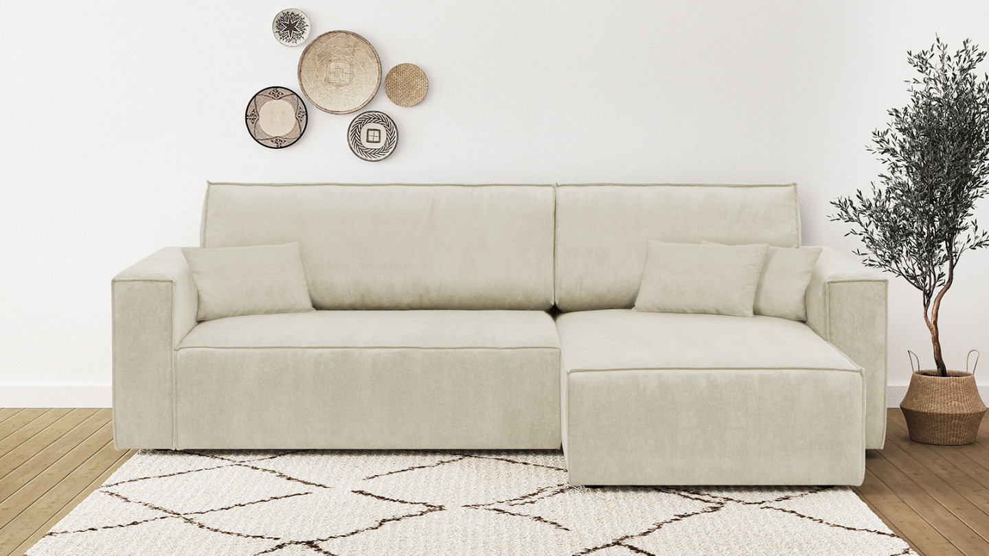Canapé d'angle convertible réversible 4 places avec coffre de rangement en velours fines côtes beige - Livia New