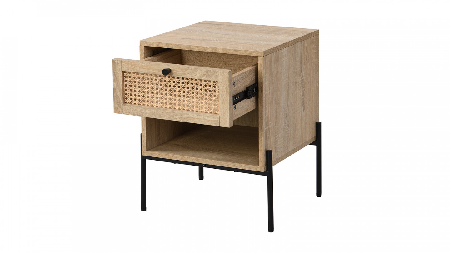 Table de chevet 1 tiroir en cannage naturel et effet chêne 40 cm - Iris