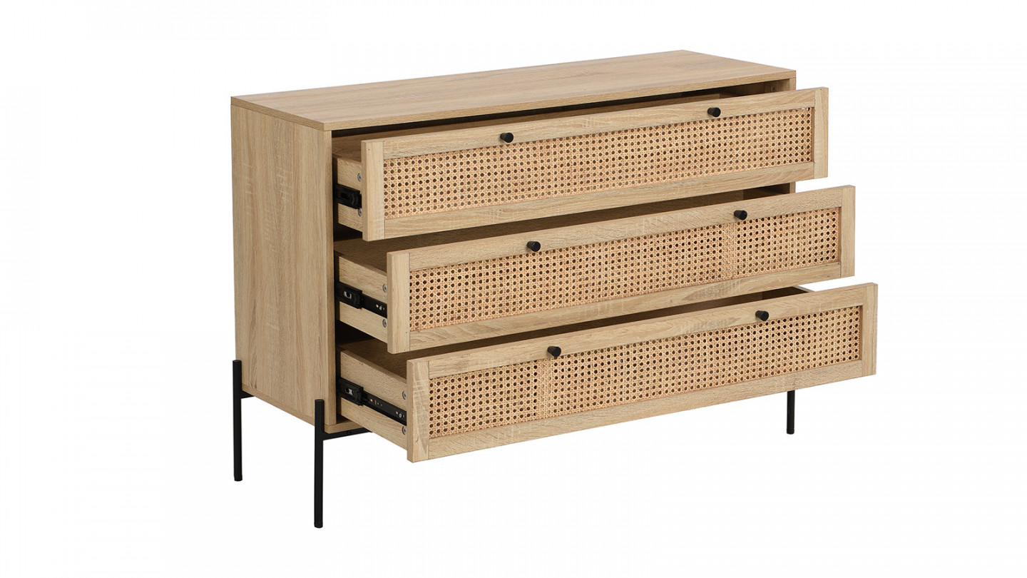 Commode 3 tiroirs en cannage naturel et effet chêne 105 cm - Iris