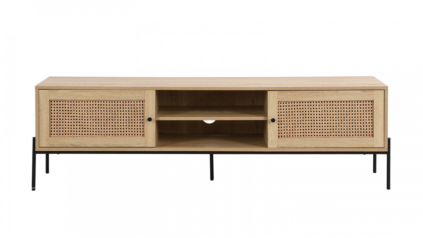 Meuble TV 2 portes en cannage naturel et effet chêne 160 cm - Iris
