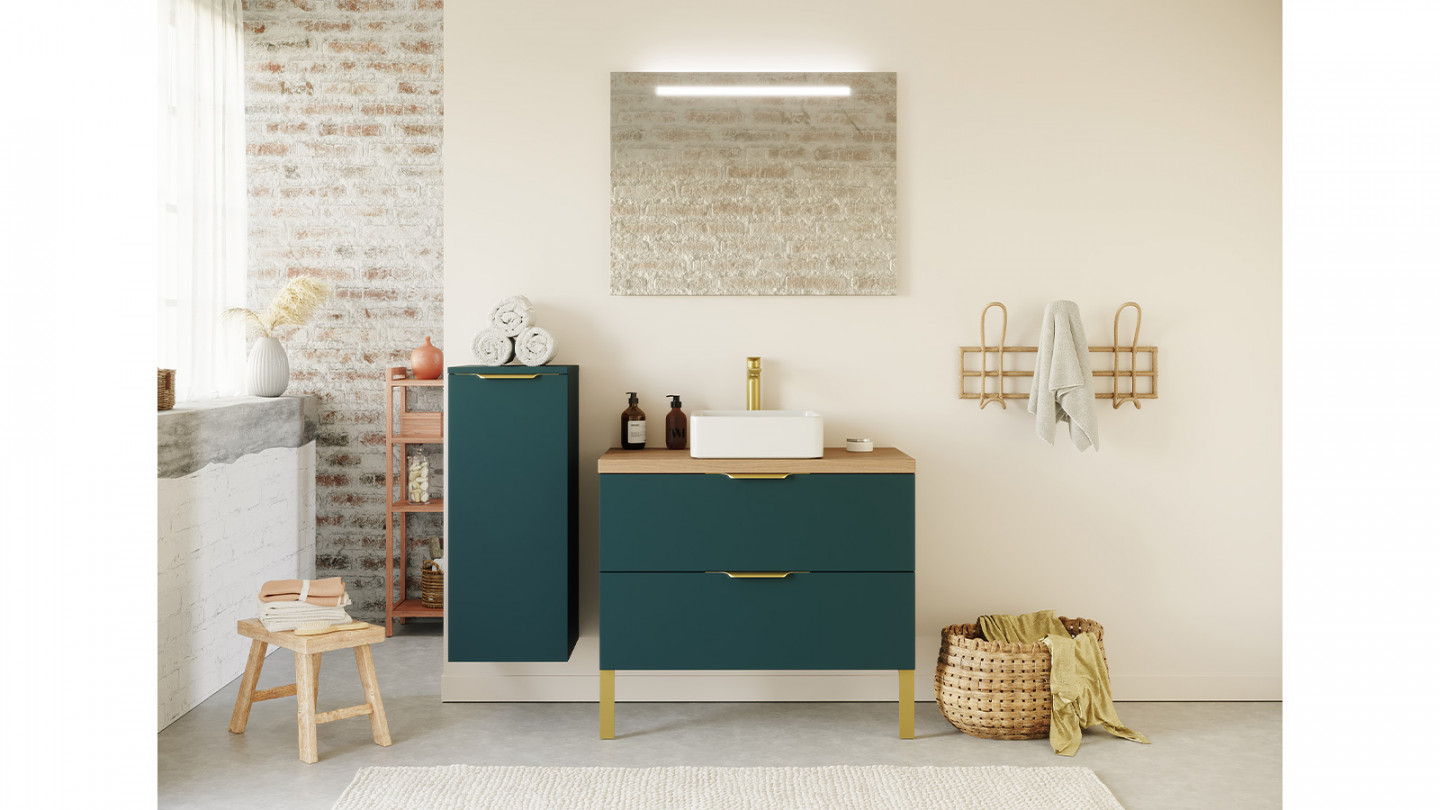 Meuble de salle de bain suspendu vasque à poser 90cm 2 tiroirs Bleu + miroir + colonne ouverture gauche - Swing